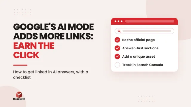 Browser mock-up showing a checklist for earning links in Google AI Mode answers