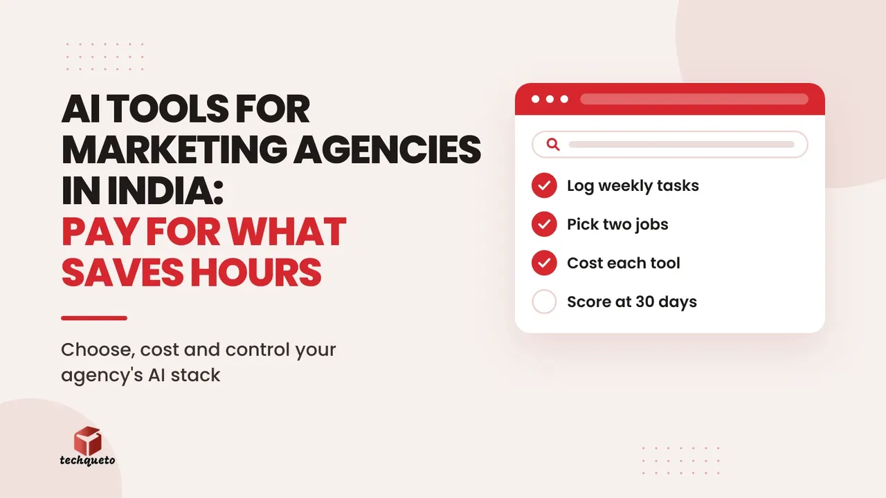 Checklist graphic for choosing and costing an AI tool stack for a marketing agency