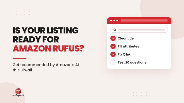 Checklist mockup showing steps to optimise an Amazon listing for the Rufus AI shopping assistant
