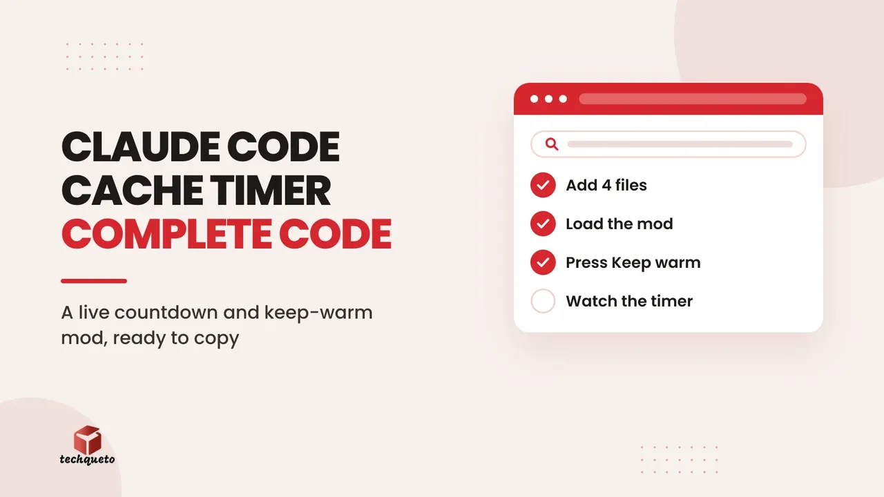 Cover for the Claude Code cache timer mod post with a checklist mock-up of setup steps