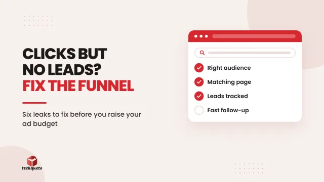 Cover for a guide on ads that get clicks but no leads, with a checklist of funnel fixes