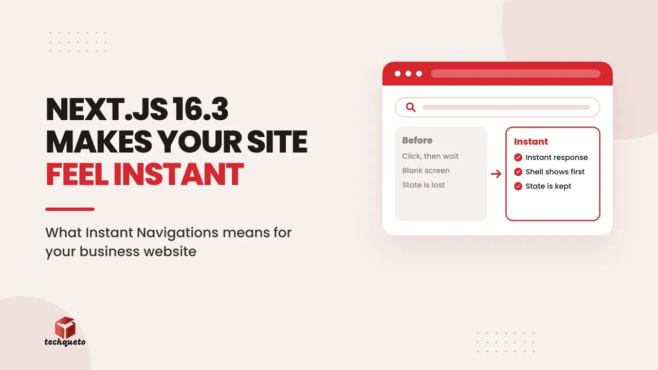 Browser window showing a before and after comparison of slow and instant page navigation on a website